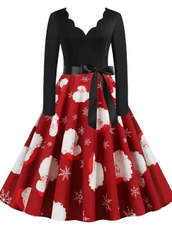 Sale Retro Stage 1950s Santa Claus V-Neck Belt Dress Red