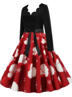 Sale Retro Stage 1950s Santa Claus V-Neck Belt Dress Red
