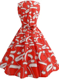 Best Retro Stage 1950s Santa Hat Sleeveless Swing Dress Red