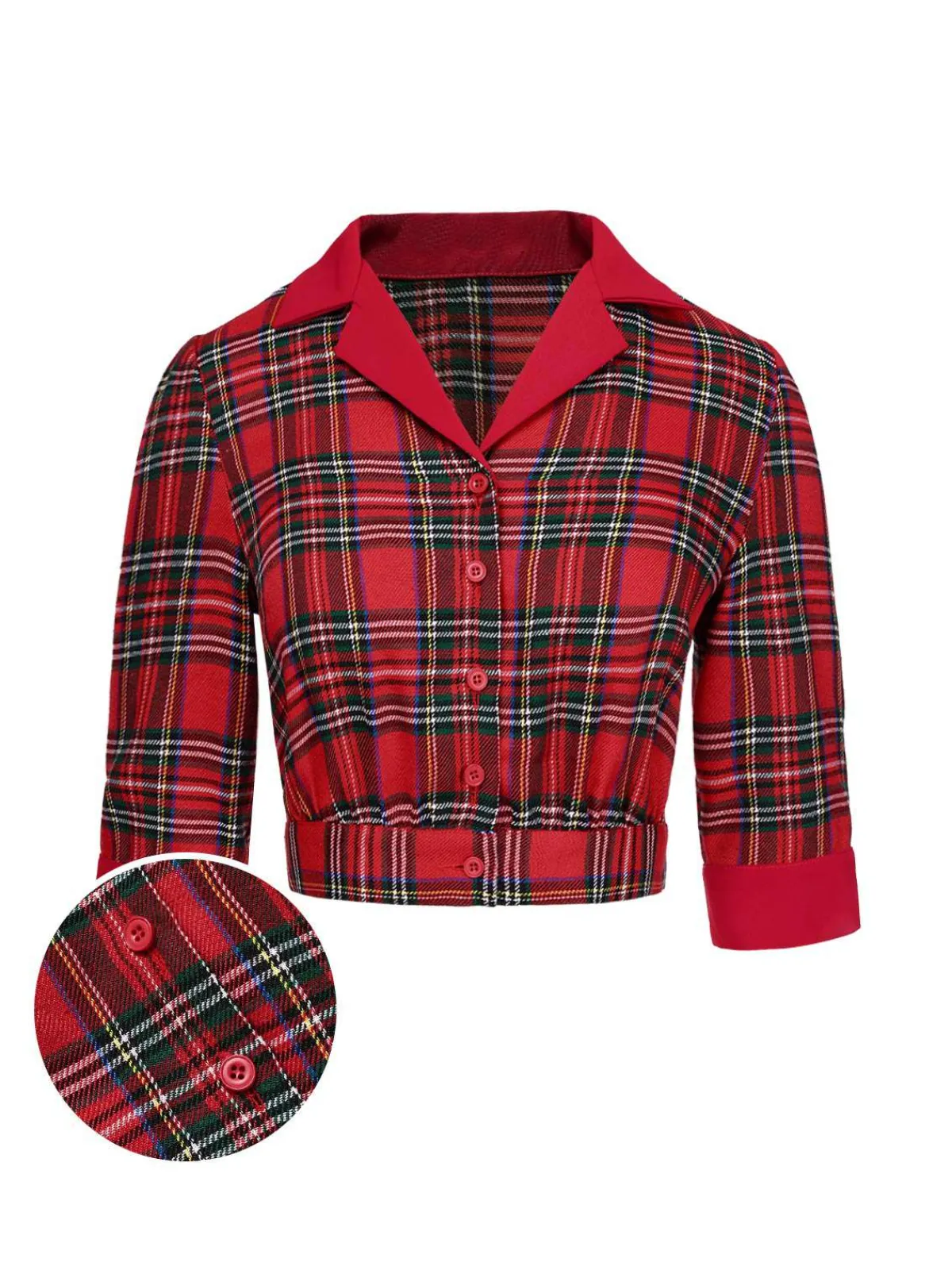Discount Retro Stage 1940s Scottish Plaid Cropped Shirt Red