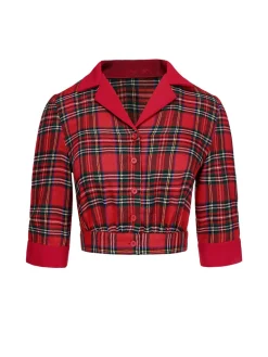 Discount Retro Stage 1940s Scottish Plaid Cropped Shirt Red