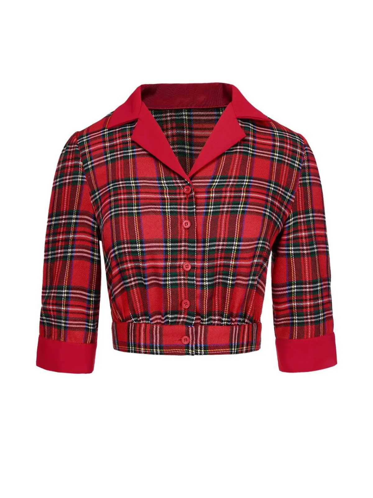 Discount Retro Stage 1940s Scottish Plaid Cropped Shirt Red