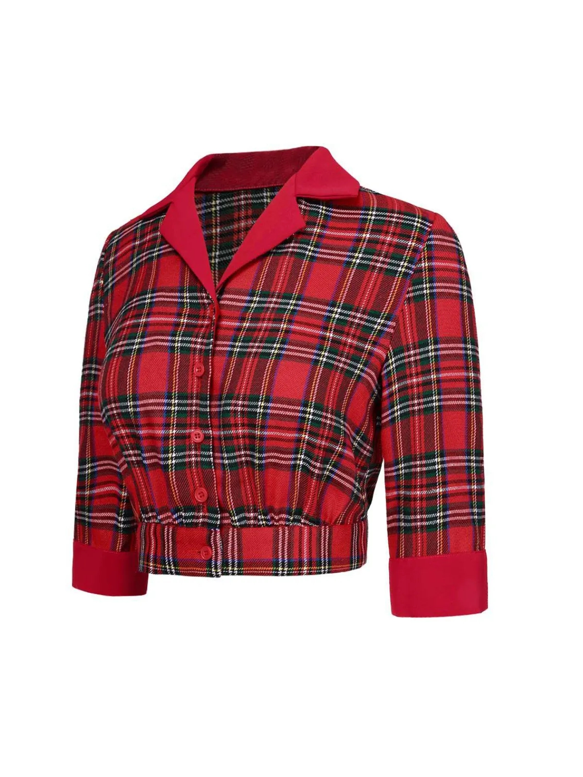 Discount Retro Stage 1940s Scottish Plaid Cropped Shirt Red
