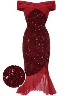 Discount Retro Stage 1930s Sequined Off-Shoulder Dress Red