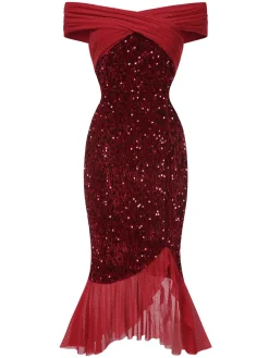 Discount Retro Stage 1930s Sequined Off-Shoulder Dress Red