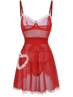 Online Retro Stage 1970s Sheer Lace-Up Nightgown Red