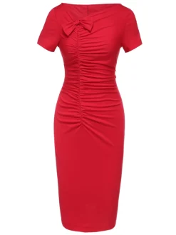 Online Retro Stage 1960s Shirring Bow Solid Wrap Dress Red