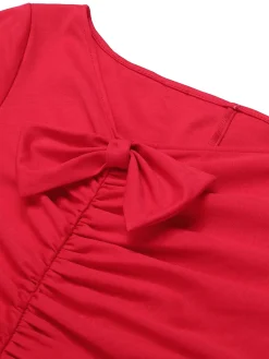 Online Retro Stage 1960s Shirring Bow Solid Wrap Dress Red