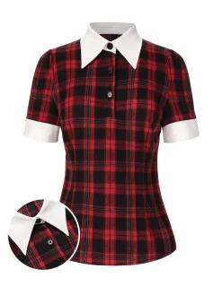 Online Retro Stage 1930s Shirt Collar Gingham Plaid Top Red
