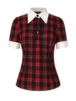 Online Retro Stage 1930s Shirt Collar Gingham Plaid Top Red