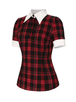 Online Retro Stage 1930s Shirt Collar Gingham Plaid Top Red