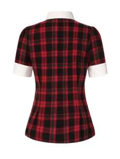 Online Retro Stage 1930s Shirt Collar Gingham Plaid Top Red