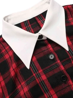 Online Retro Stage 1930s Shirt Collar Gingham Plaid Top Red