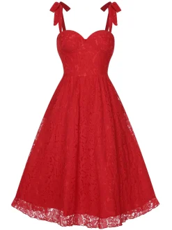Online Retro Stage 1950s Shoulder Straps Lace Swing Dress Red