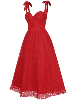 Online Retro Stage 1950s Shoulder Straps Lace Swing Dress Red