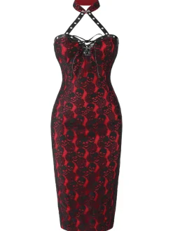 Clearance Retro Stage 1970s Skull Gothic Halter Pencil Dress Red