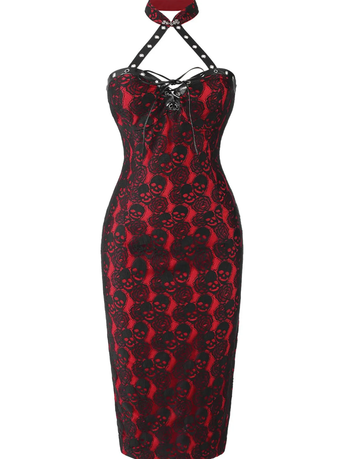 Clearance Retro Stage 1970s Skull Gothic Halter Pencil Dress Red