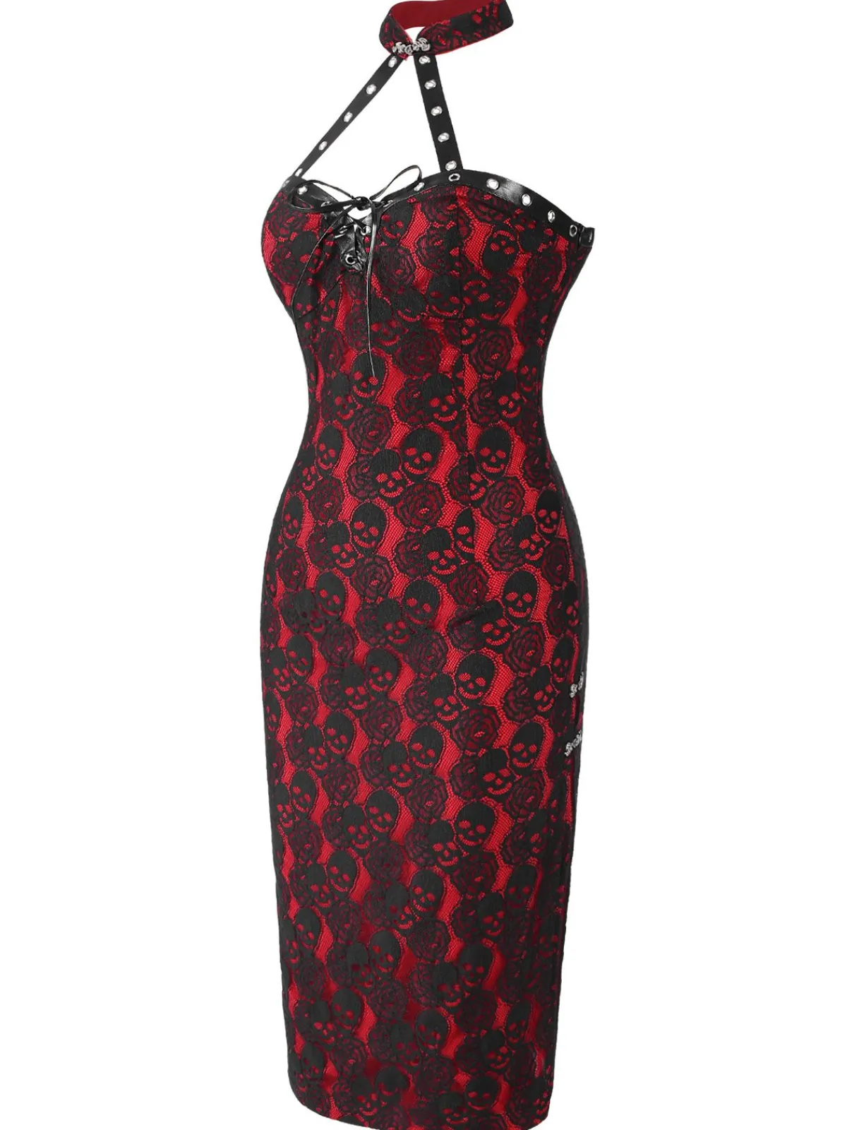 Clearance Retro Stage 1970s Skull Gothic Halter Pencil Dress Red