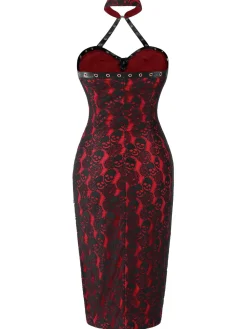 Clearance Retro Stage 1970s Skull Gothic Halter Pencil Dress Red