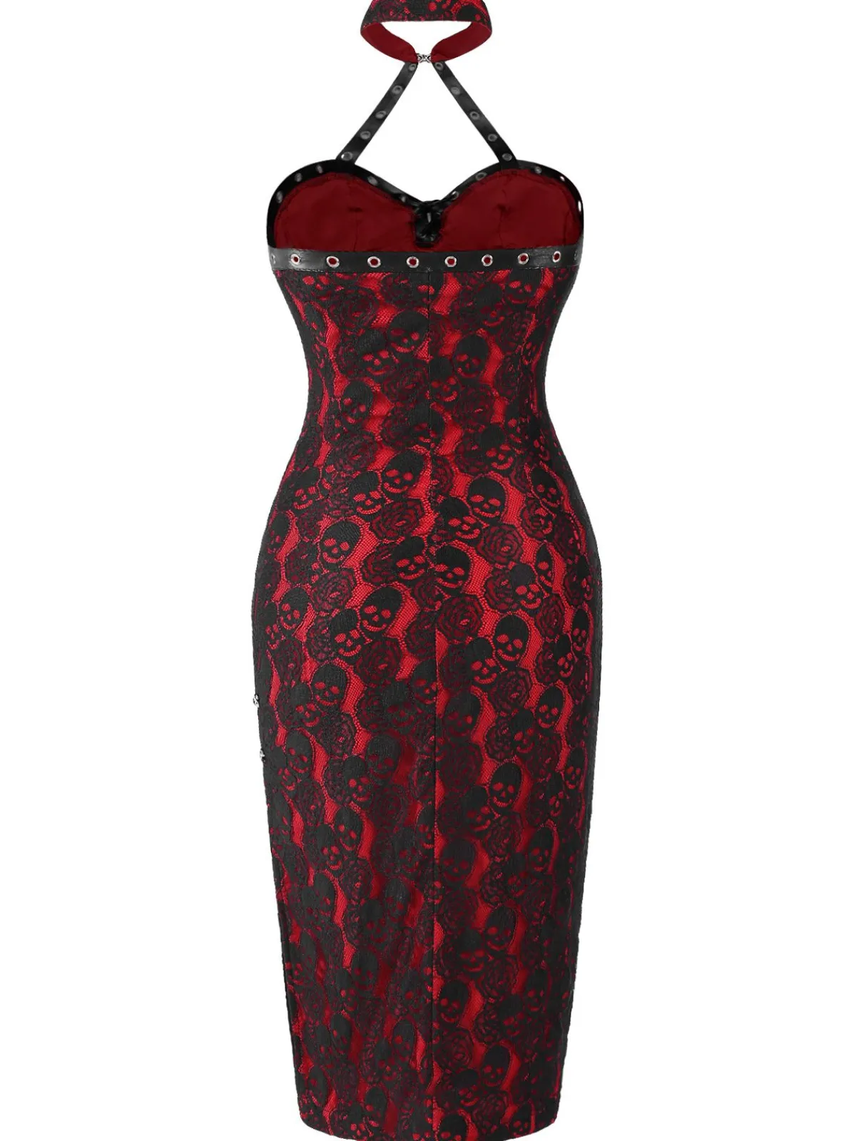 Clearance Retro Stage 1970s Skull Gothic Halter Pencil Dress Red