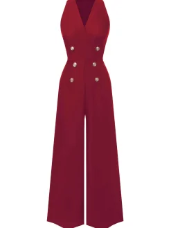 New Retro Stage Red 1950s Sleeveless Buttoned Solid Jumpsuit