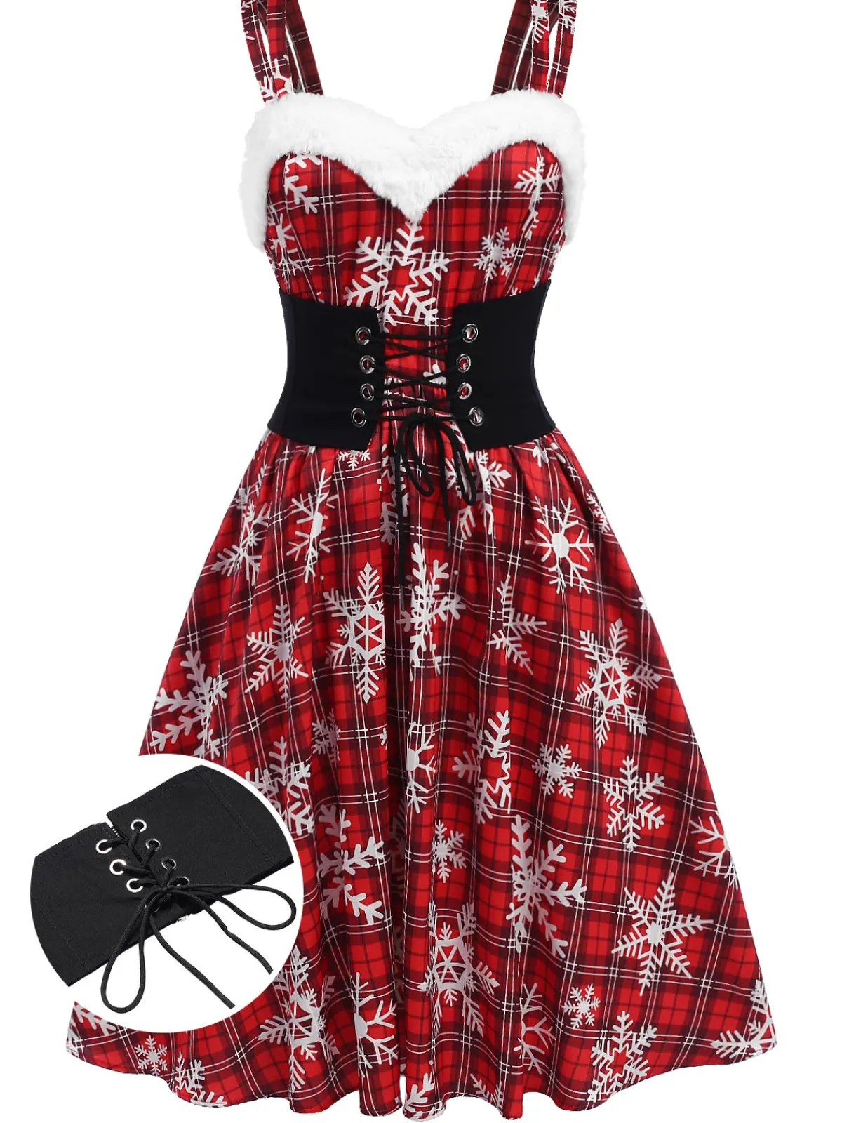 Clearance Retro Stage 1950s Snowflake Plaid Plush Trim Dress Red