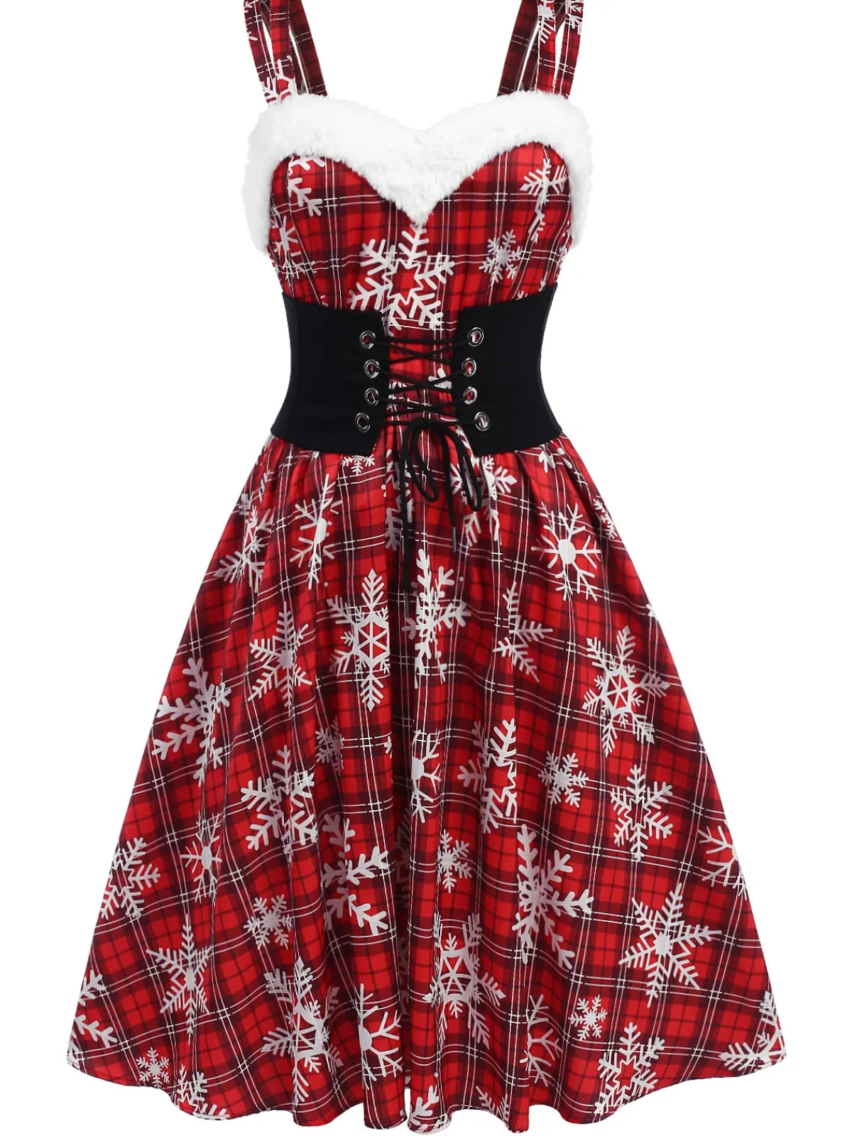 Clearance Retro Stage 1950s Snowflake Plaid Plush Trim Dress Red