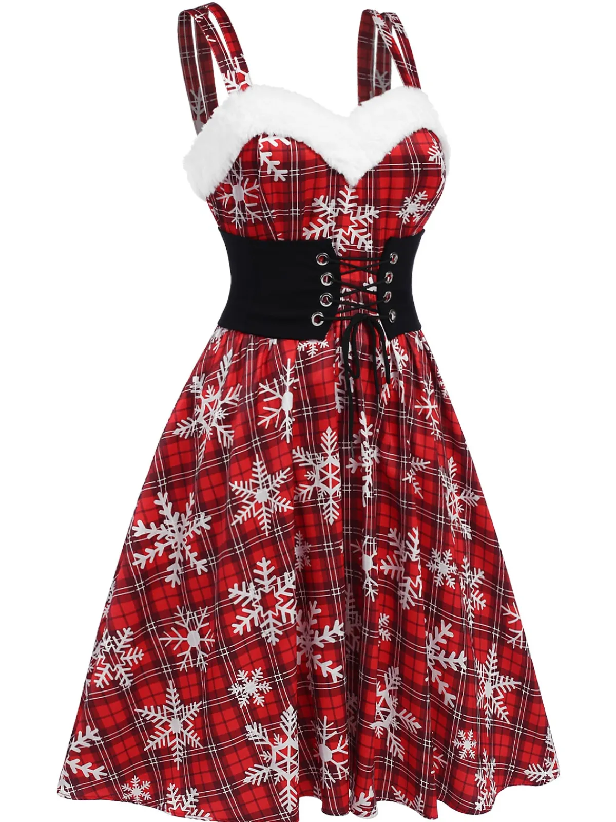 Clearance Retro Stage 1950s Snowflake Plaid Plush Trim Dress Red