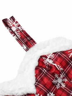 Clearance Retro Stage 1950s Snowflake Plaid Plush Trim Dress Red