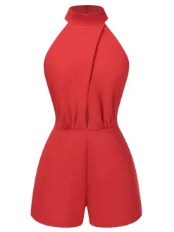Fashion Retro Stage 1960s Solid Backless Romper Red