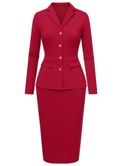 Hot Retro Stage 1960s Solid Blazer Top & Pencil Skirt Red