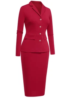Hot Retro Stage 1960s Solid Blazer Top & Pencil Skirt Red