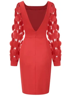 Sale Retro Stage 1960s Solid Bow 3D Flowers Mesh Dress Red