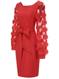 Sale Retro Stage 1960s Solid Bow 3D Flowers Mesh Dress Red