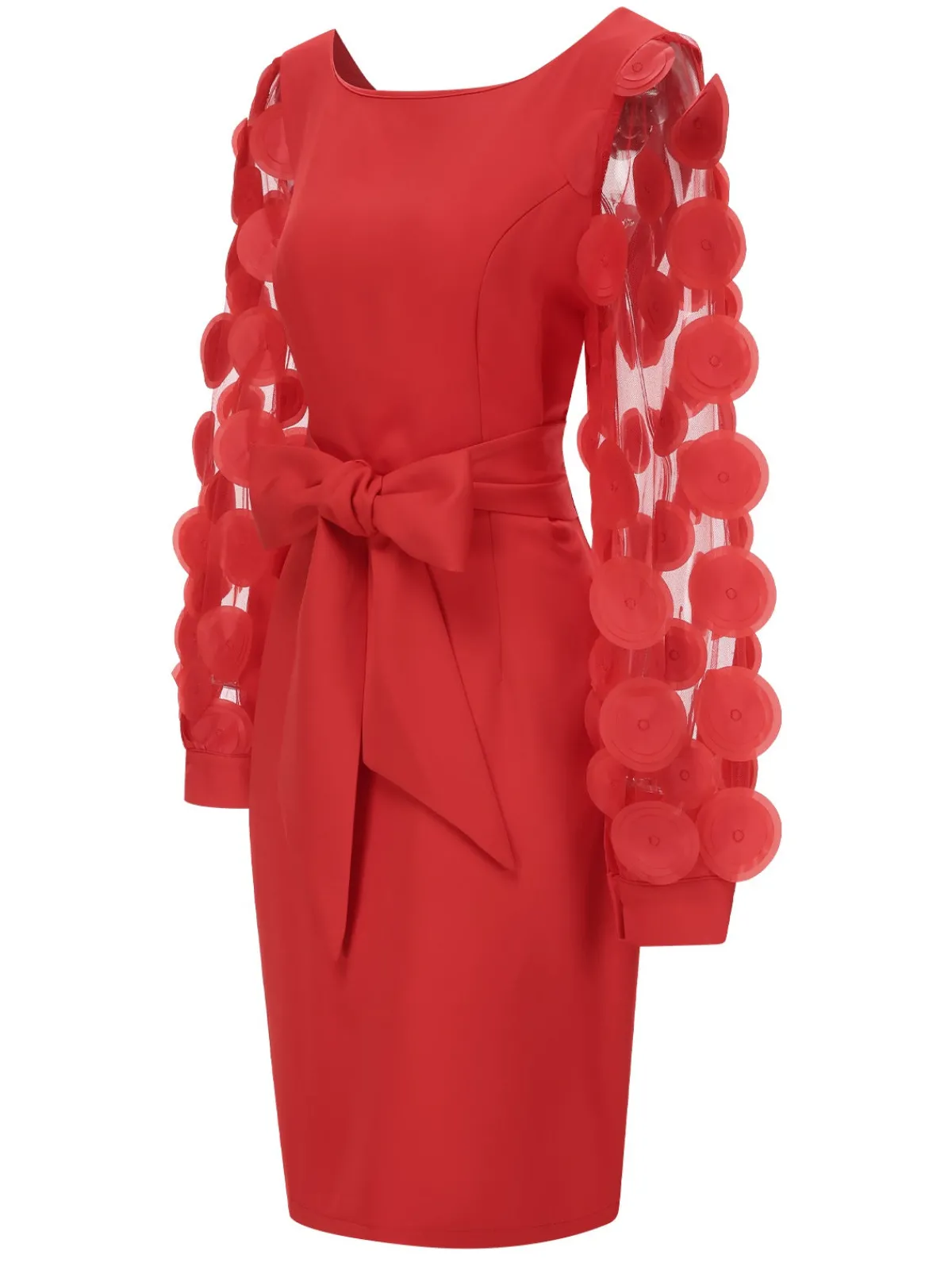 Sale Retro Stage 1960s Solid Bow 3D Flowers Mesh Dress Red