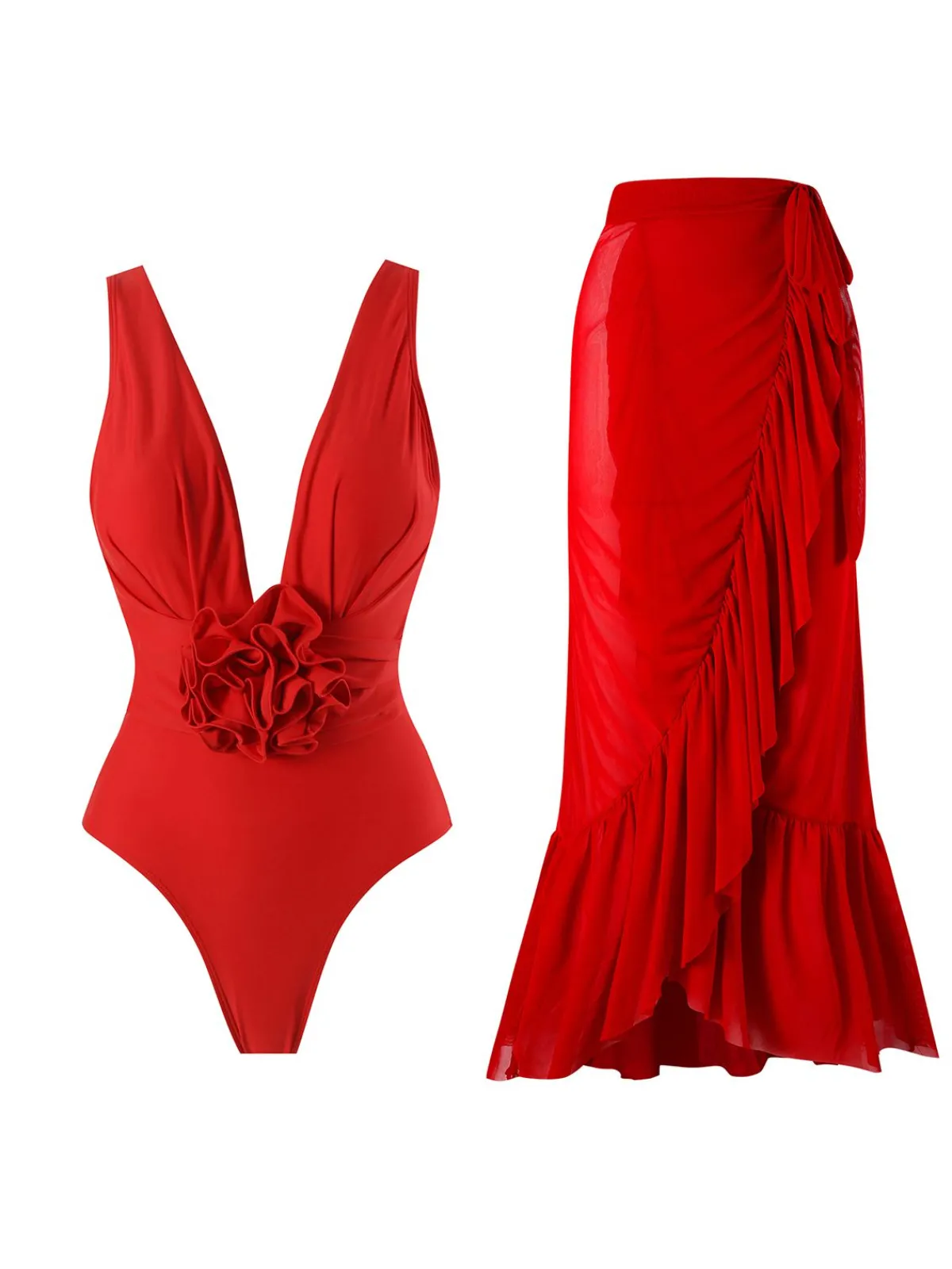 Clearance Retro Stage 1960s Solid 3D Flower Backless Swimsuit Red