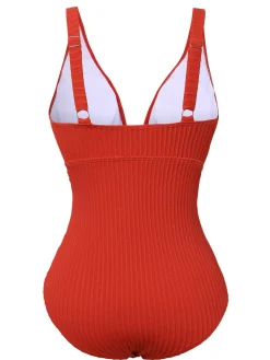 Sale Retro Stage 1950s Solid Deep V One-Piece Swimsuit Red