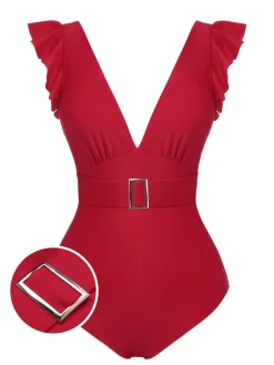 Hot Retro Stage 1950s Solid Deep V-Neck Belt Swimsuit Red