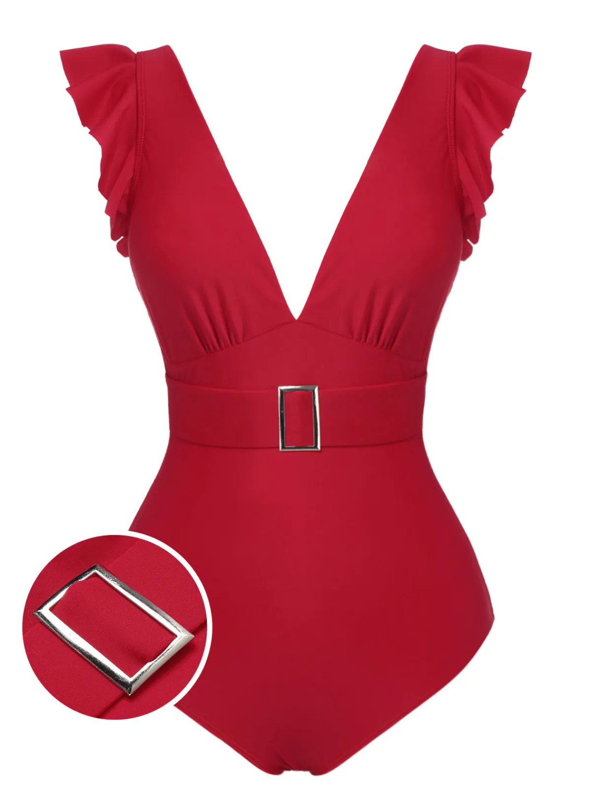 Hot Retro Stage 1950s Solid Deep V-Neck Belt Swimsuit Red