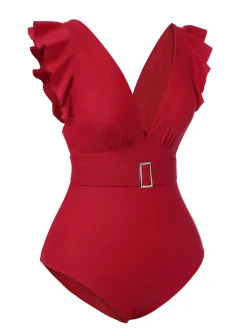Hot Retro Stage 1950s Solid Deep V-Neck Belt Swimsuit Red