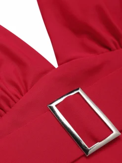 Hot Retro Stage 1950s Solid Deep V-Neck Belt Swimsuit Red