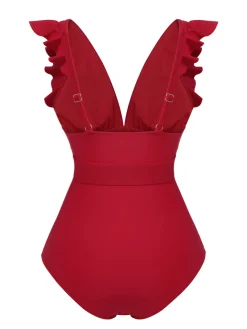 Hot Retro Stage 1950s Solid Deep V-Neck Belt Swimsuit Red