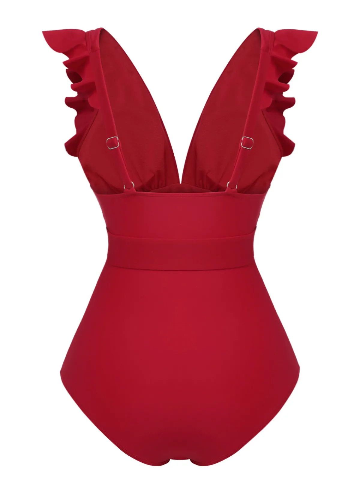 Hot Retro Stage 1950s Solid Deep V-Neck Belt Swimsuit Red