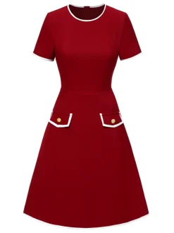 Fashion Retro Stage Red 1960s Solid Faux Pocket Dress True Red