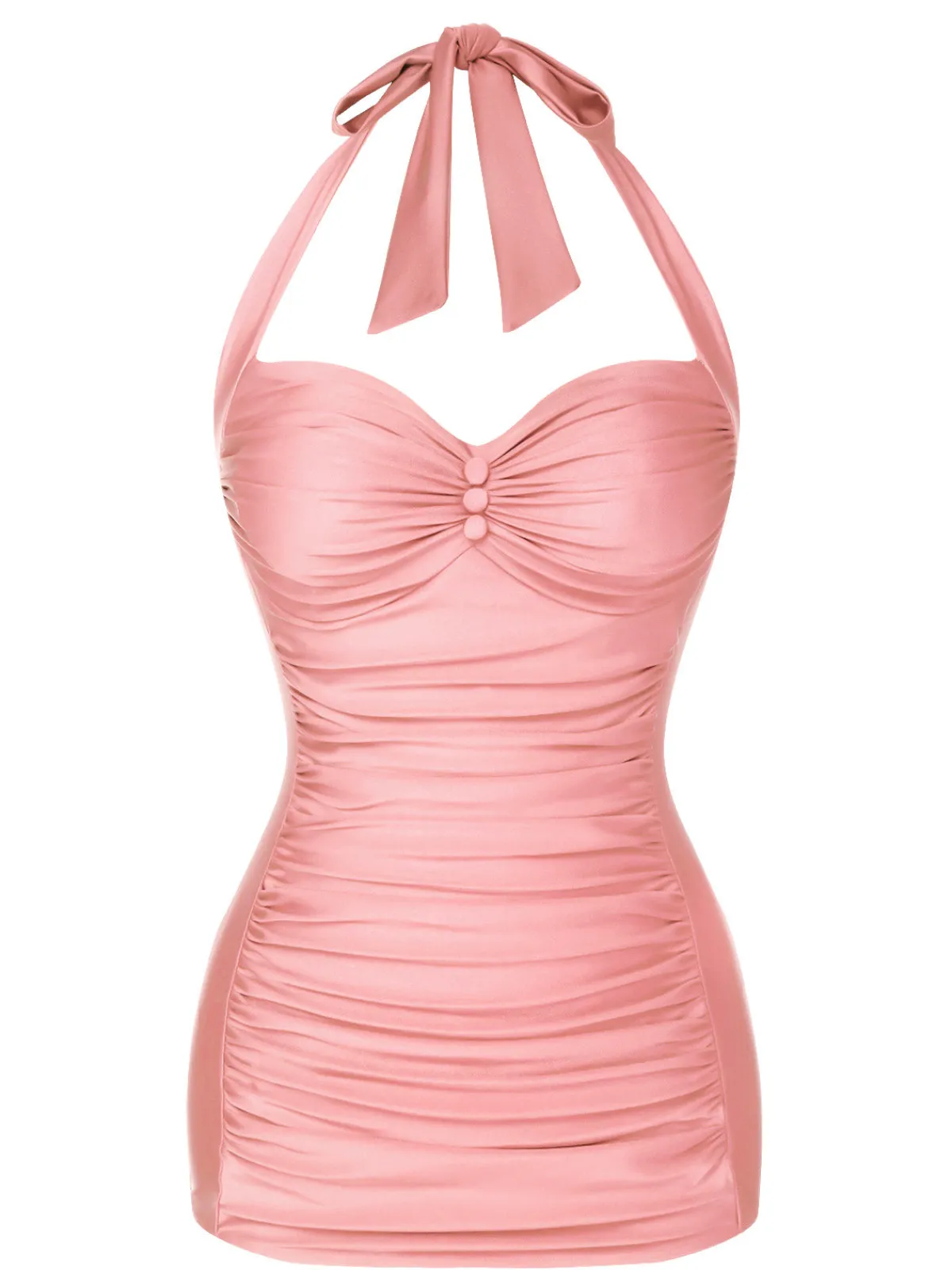 Clearance Retro Stage Red 1950s Solid Gathered Halter Swimsuit