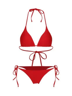 Fashion Retro Stage 1950s Solid Halter Bikini Set & Cover-Up Red