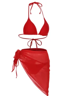 Fashion Retro Stage 1950s Solid Halter Bikini Set & Cover-Up Red