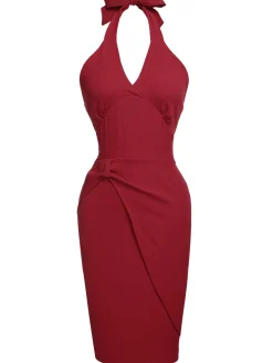 Clearance Retro Stage 1960s Solid Halter Bodycon Dress Red