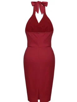 Clearance Retro Stage 1960s Solid Halter Bodycon Dress Red