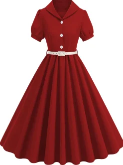 Clearance Retro Stage 1950s Solid Lapel Belt Dress Red